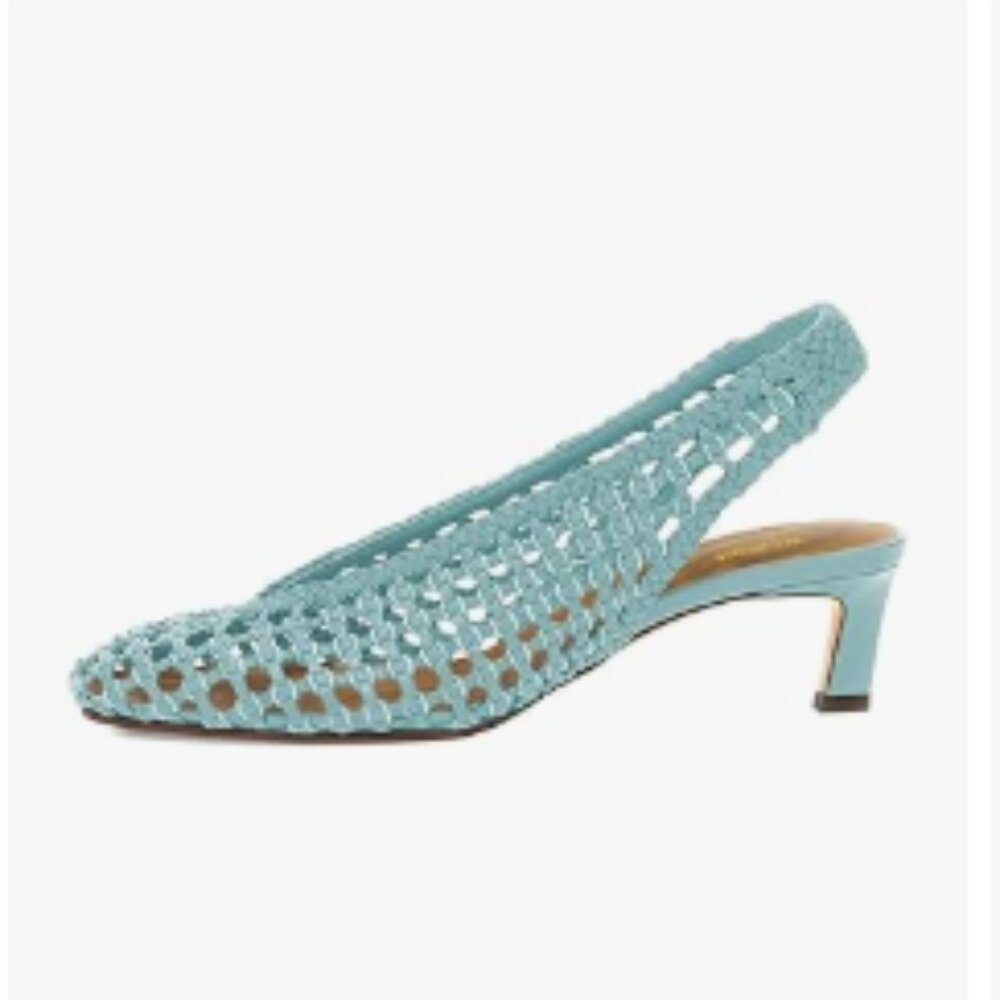 Wo Wagas Blue Slingback Strap Square Toe Pumps Slip On Kitten Heel Woven Sandals - Picture 1 of 8
